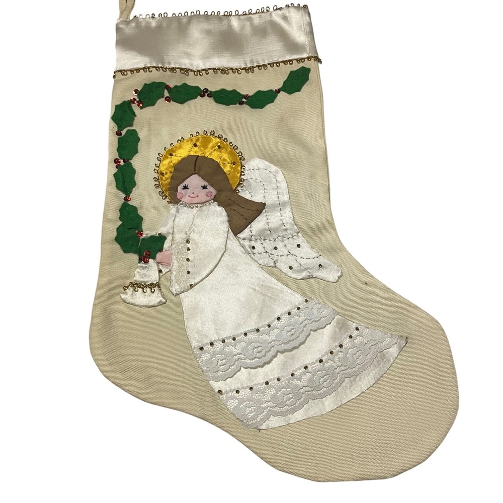 Handmade Satin Angel Christmas stocking, Cream, Gold .15" 1980s